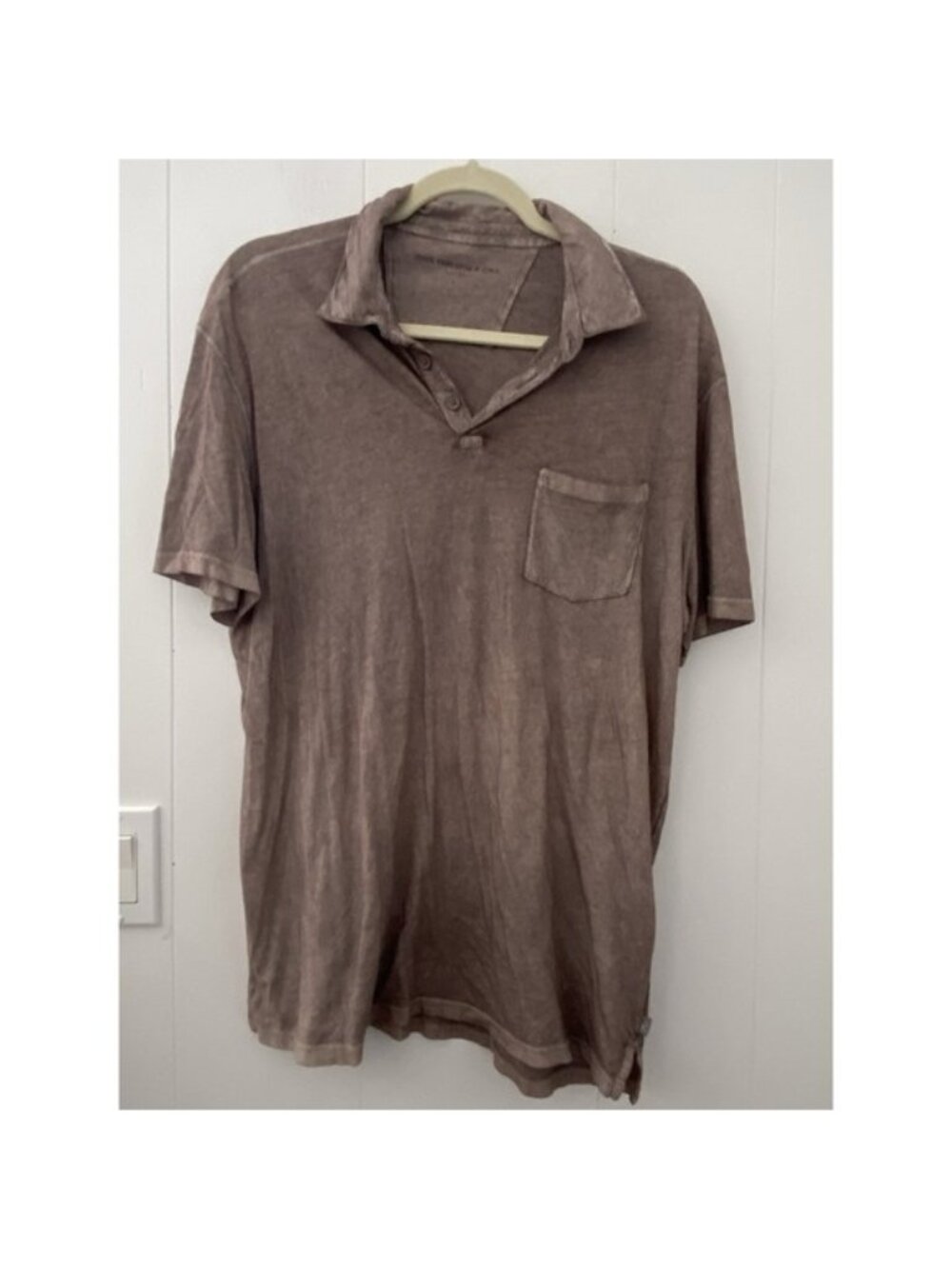 John Varvatos USA Mens Polo Shirt L Brown Peace Logo Designer Single Stitch